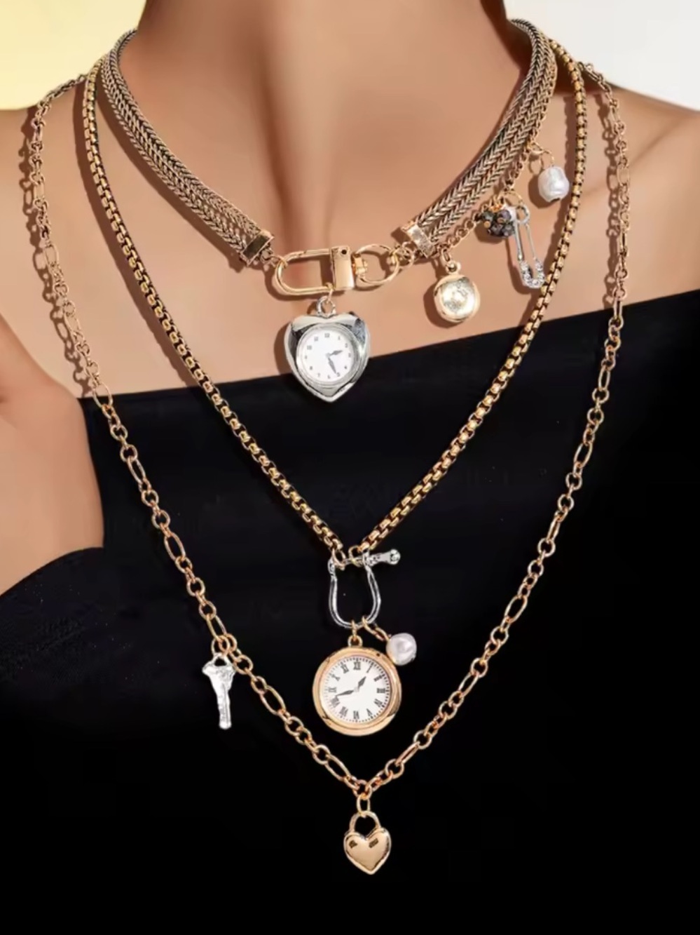 Zara Gold Plated Stainless Steel Multi Layer Watch Charm Necklace Waterproof